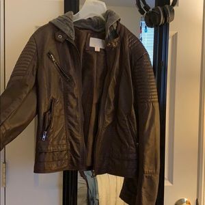 Faux leather jacket with knitted removable hood